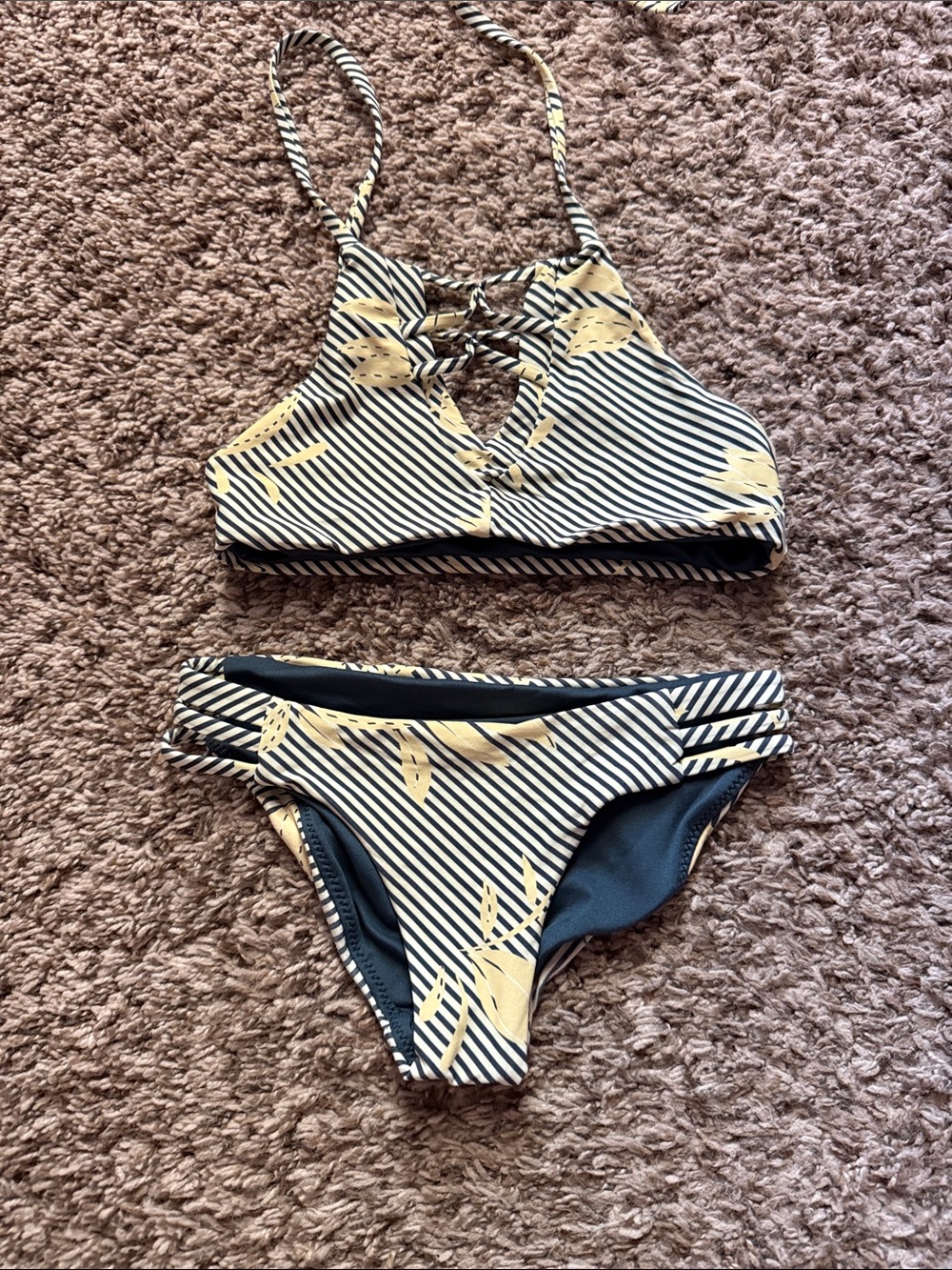 O'Neill Navy & Yellow Striped Floral Girls' Two-Piece Bikini